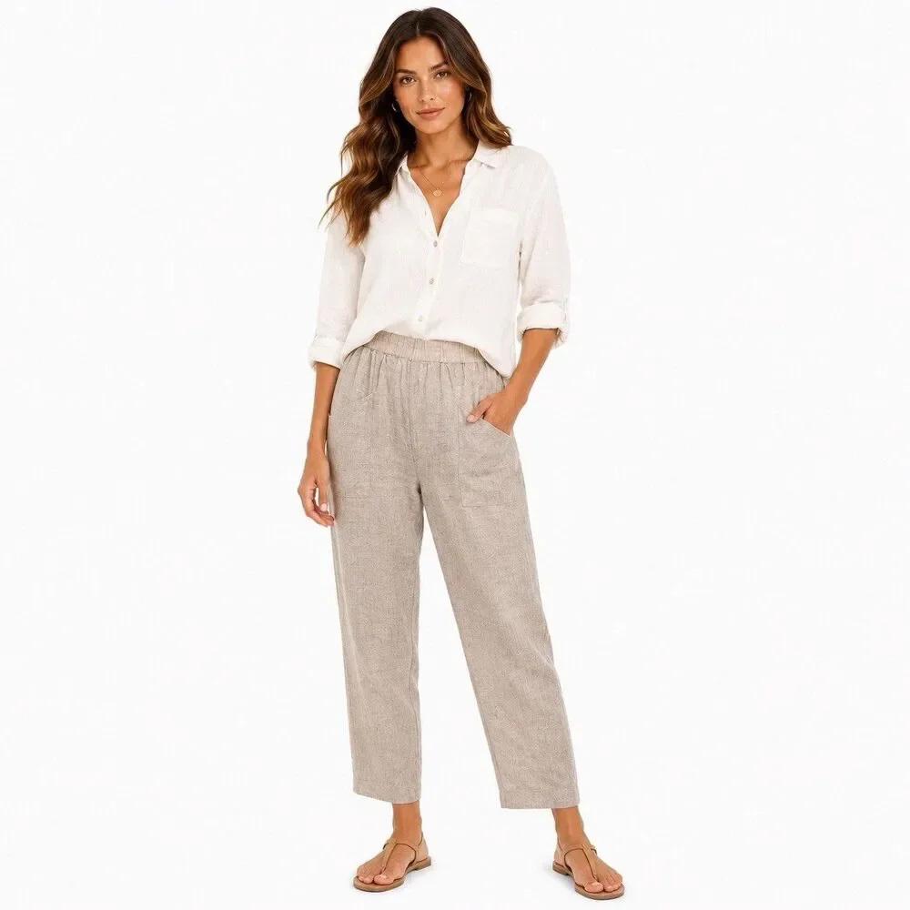 Quince Women's 100% Linen Pants Size XL Tan Relaxed Lightweight Pockets Boho